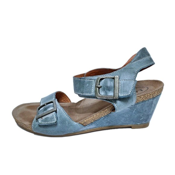 Taos Womens 8-8.5 Buckle Up Wedge Sandals Turquoise Blue Ankle Strap Heels - Picture 5 of 10